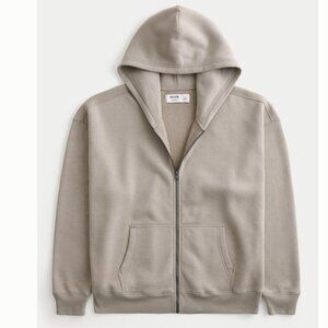 Hollister Men's Boxy Zip-Up Hoodie washed dark tan Medium